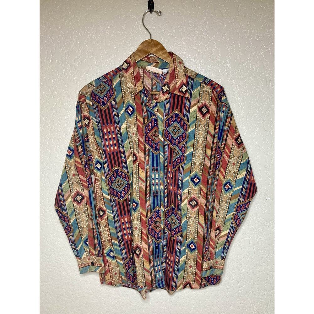 VTG Copper Key Western Shirt Womens Medium Aztec Long Sleeve Rodeo Cowgirl